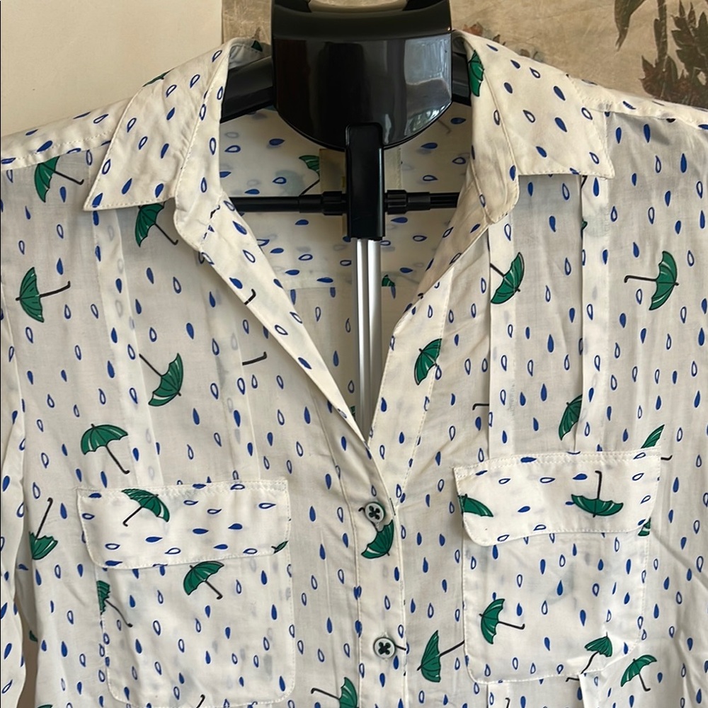 White And Green Umbrella And Rain Patterned Blous… - image 1